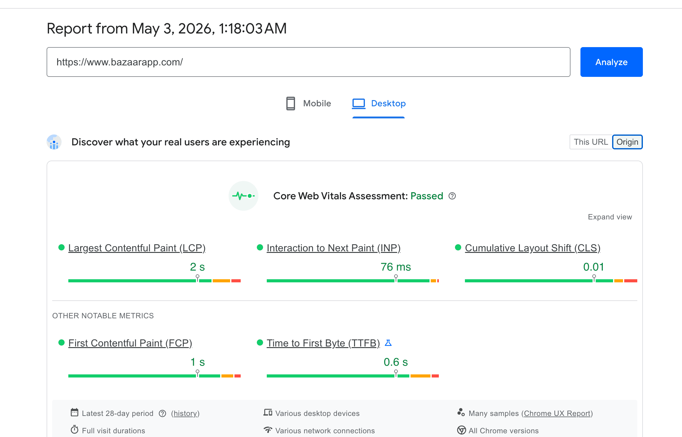 PageSpeed Insights / CrUX report for bazaarapp.com on desktop — Core Web Vitals: Passed
