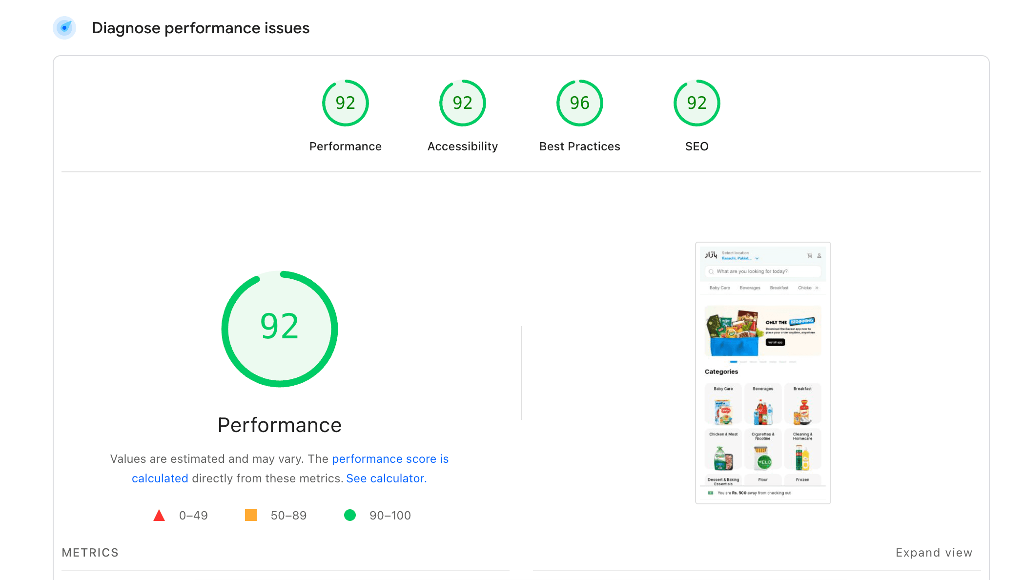Lighthouse report for bazaarapp.com — Performance 92, Accessibility 92, Best Practices 96, SEO 92