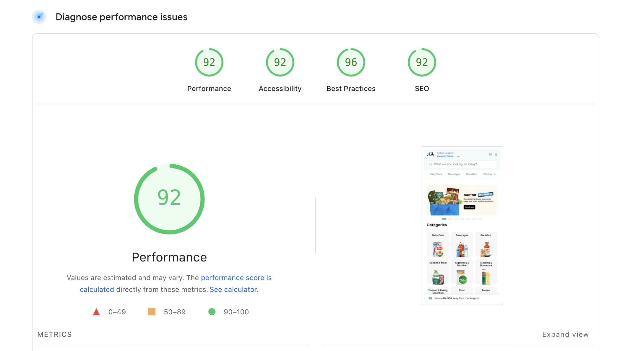 PageSpeed Insights / CrUX report for bazaarapp.com on desktop — Core Web Vitals: Passed