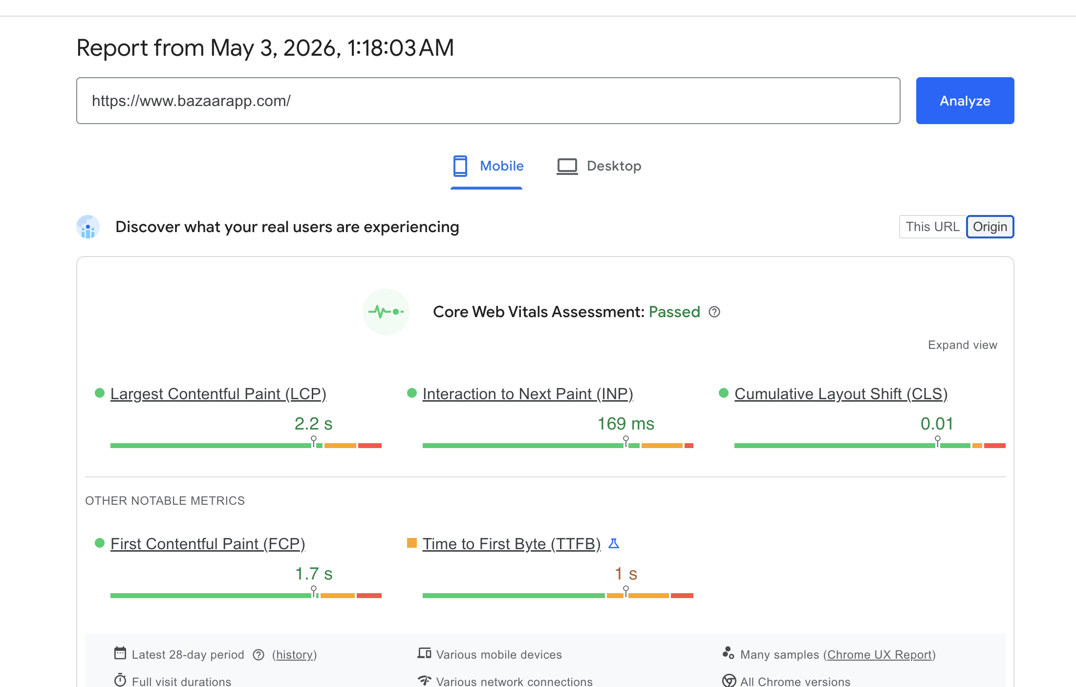 PageSpeed Insights / CrUX report for bazaarapp.com on mobile — Core Web Vitals: Passed