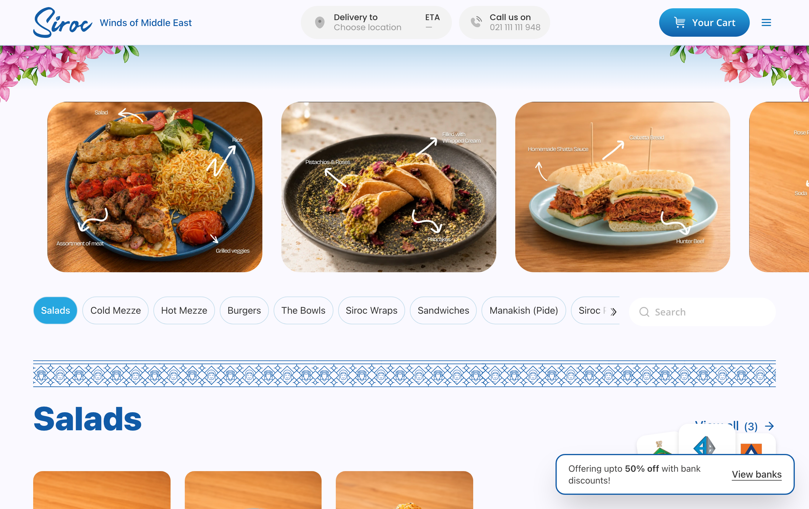 Siroc storefront on desktop — branded header, food carousel, category navigation and menu, served from the multi-tenant Keenu One codebase